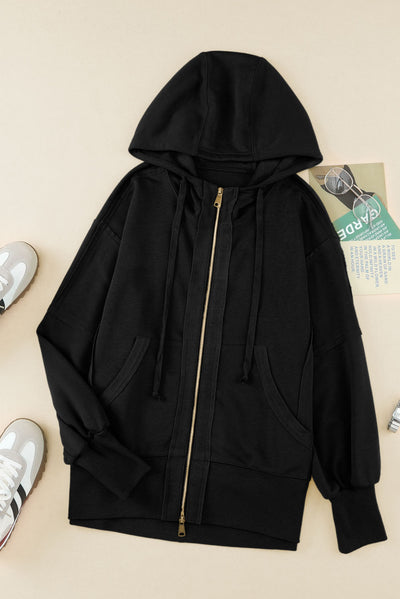 Black Raw Edge Exposed Seam Full Zip Hoodie-Tops-MomFashion