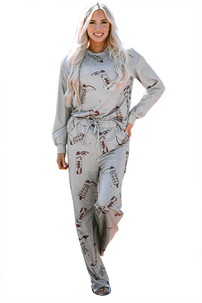 Gray Cowgirl Boots Printed Long Sleeve Top Pants Lounge Set-Loungewear & Sleepwear/Loungewear-MomFashion