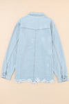 Sky Blue Flap Pocket Buttoned Raw Hem Denim Jacket-Outerwear-MomFashion