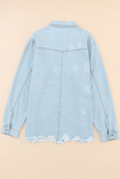 Sky Blue Flap Pocket Buttoned Raw Hem Denim Jacket-Outerwear-MomFashion