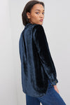 Navy Blue Frilled Neck Buttoned Front Velvet Top-Tops-MomFashion