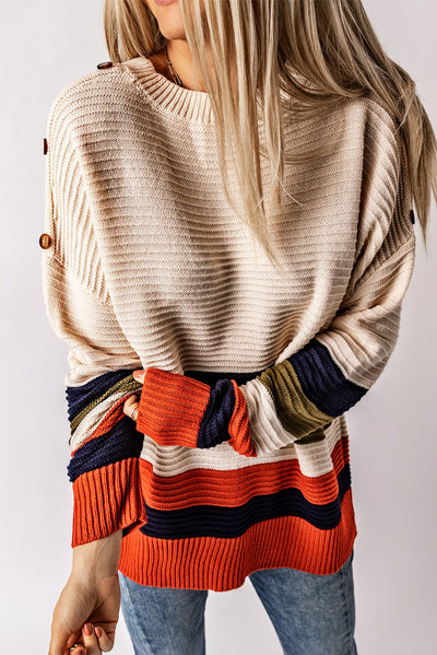 White Buttoned Shoulder Drop Shoulder Striped Sweater-Tops-MomFashion