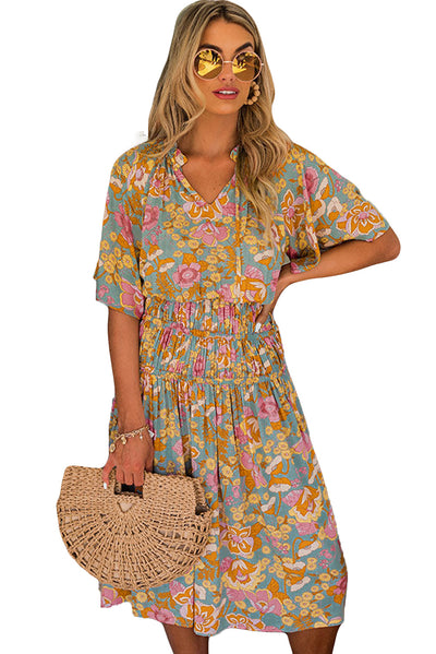 Boho Wide Sleeve Smocked Waist Floral Dress-Dresses-MomFashion