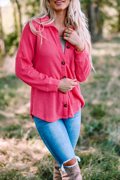 Pink Waffle Knit Button Up Casual Shirt-Tops-MomFashion