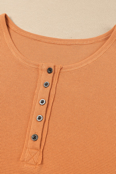 Orange Waffle Knit Henley Top-Tops-MomFashion