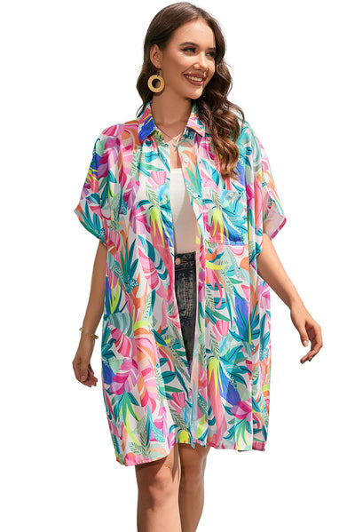 Multicolor Plant Print Button-up Half Sleeve Beach Cover Up-Swimwear-MomFashion