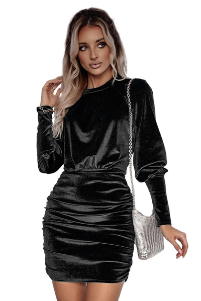 Black Velvet Puff Sleeve Ruched Bodycon Dress-Dresses-MomFashion