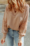 Apricot Lace Waffle Patchwork Strappy V Neck Long Sleeve Top-Tops-MomFashion