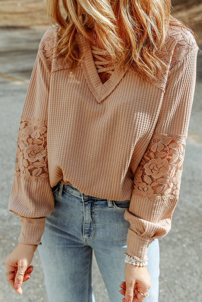 Apricot Lace Waffle Patchwork Strappy V Neck Long Sleeve Top-Tops-MomFashion