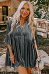 Dark Grey 3/4 Sleeve Tunic Babydoll Velvet Shirt-Tops-MomFashion