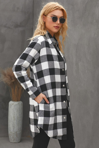 Black Turn-down Collar Plaid Shirt Coat-Outerwear-MomFashion