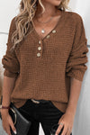 Coffee Pointelle Knit Button V Neck Drop Shoulder Sweater-Tops-MomFashion