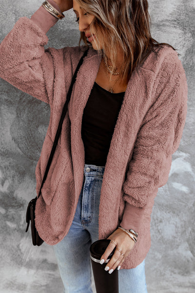 Pink Soft Fleece Hooded Open Front Coat-Outerwear-MomFashion