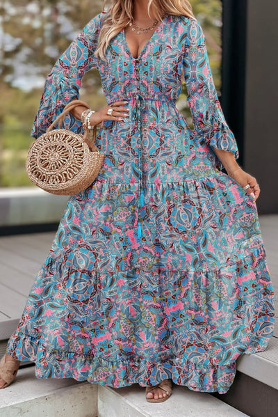 Paisley Printed Ruffle Trim Elegant Maxi Dress-Dresses-MomFashion