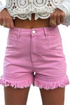 Pink Frayed Edge Mid Rise Denim Shorts-Bottoms-MomFashion