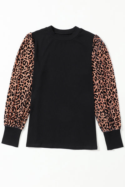 Black Leopard Print Long Sleeve Ribbed Knit Blouse-Tops-MomFashion