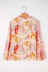 Orange Printed Split V Neck Puff Sleeve Blouse-Tops-MomFashion