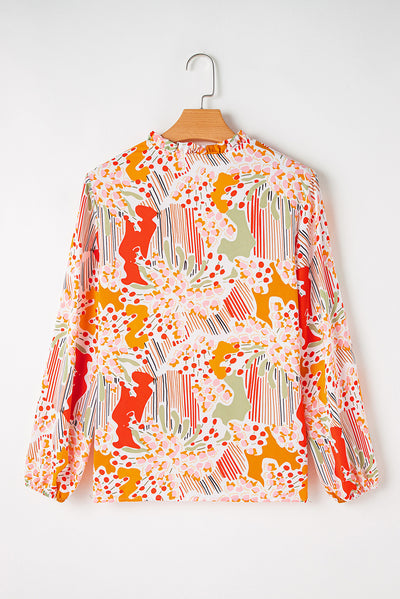 Orange Printed Split V Neck Puff Sleeve Blouse-Tops-MomFashion