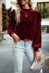 Fiery Red Mock Neck Puff Sleeve Velvet Blouse-Tops-MomFashion