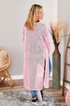 Pink Sheer Knitted Long Side Slit Plus Size Cardigan-Plus Size-MomFashion