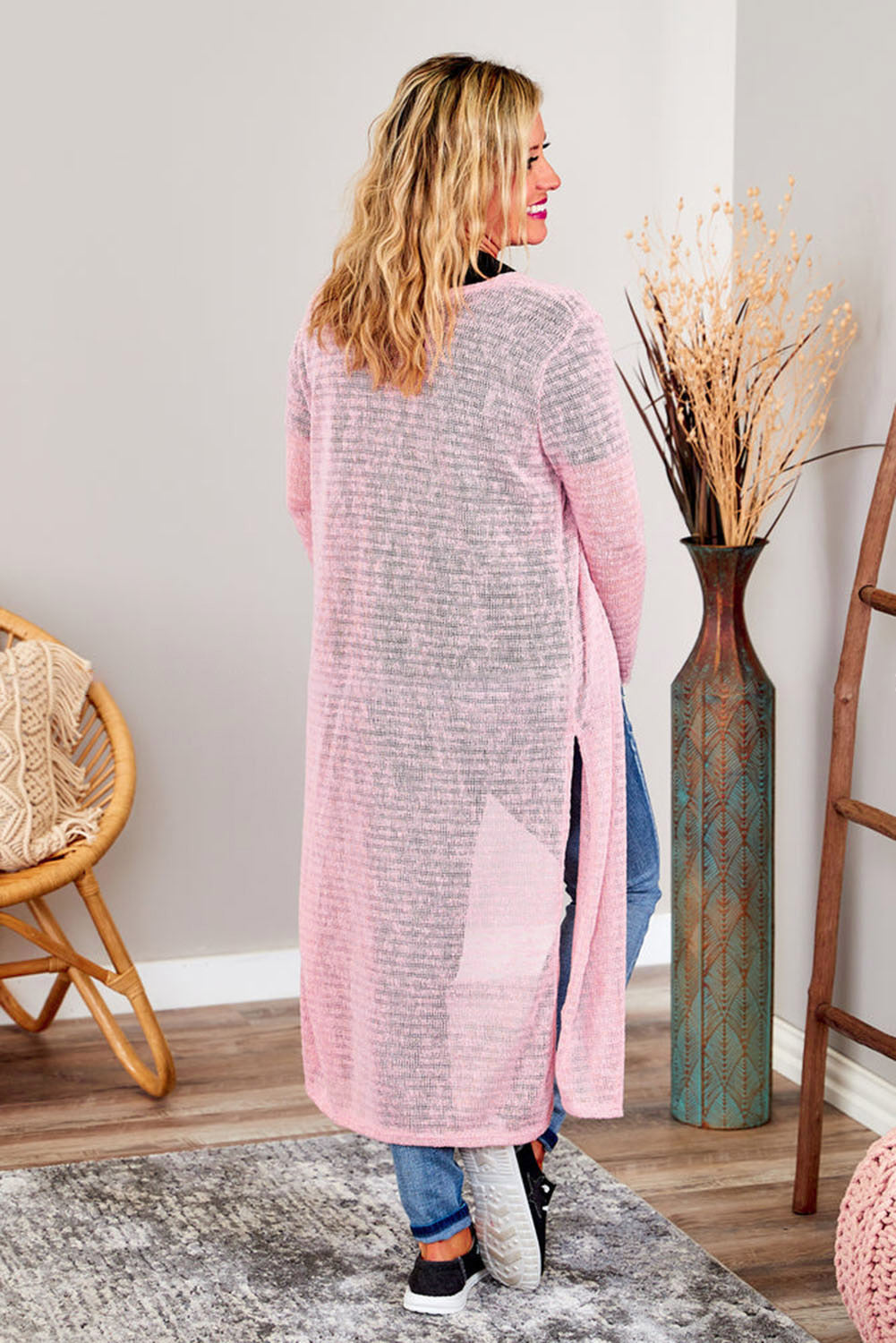 Pink Sheer Knitted Long Side Slit Plus Size Cardigan-Plus Size-MomFashion
