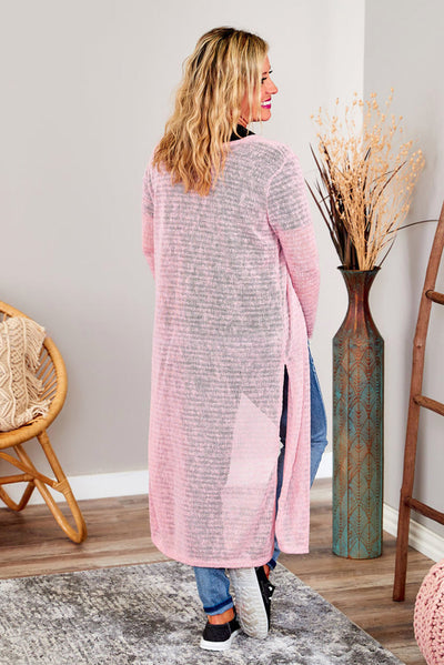 Pink Sheer Knitted Long Side Slit Plus Size Cardigan-Plus Size-MomFashion