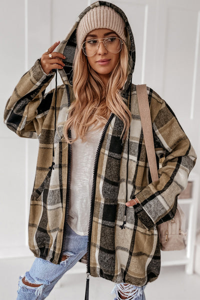 Brown Checkered Drawstring Hooded Zip-Up jacket-Outerwear-MomFashion