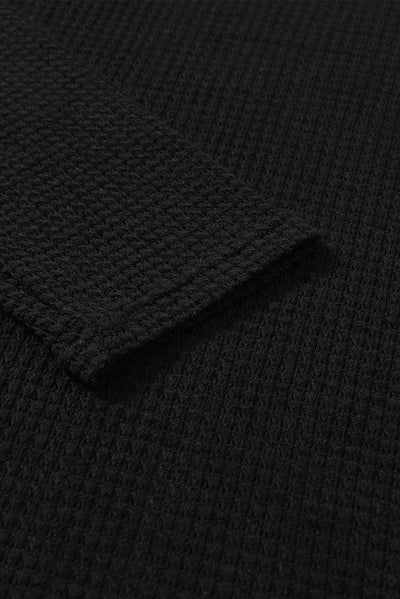 Black Waffle Knit High Slits Oversized Top-Tops-MomFashion