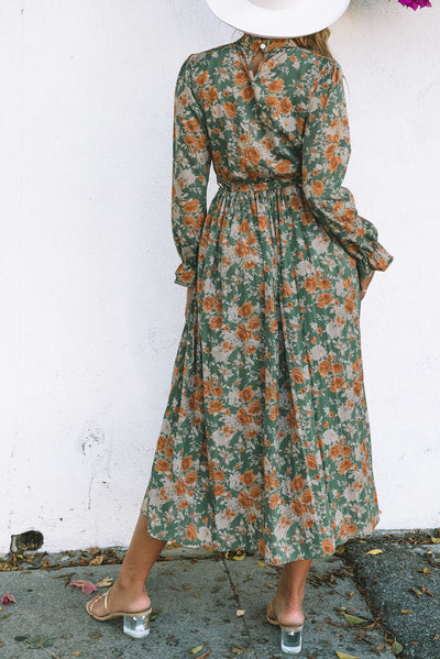 Green Pleated Long Sleeve Maxi Floral Dress with Tie-Dresses-MomFashion