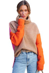 Khaki Color Block Turtle Neck Drop Shoulder Knit Sweater-Tops-MomFashion