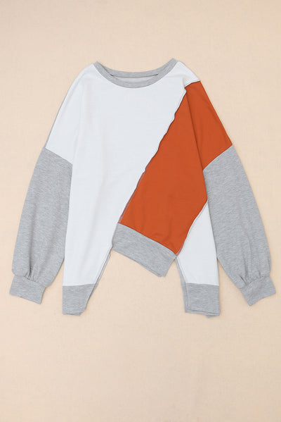 Khaki Colorblock Stitching Irregular Hem Long Sleeve Top-Tops-MomFashion