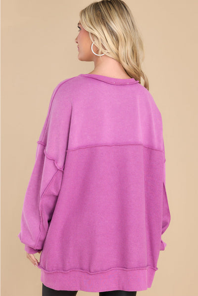 Purple Oversized Exposed Seam Henley Sweatshirt-Tops-MomFashion