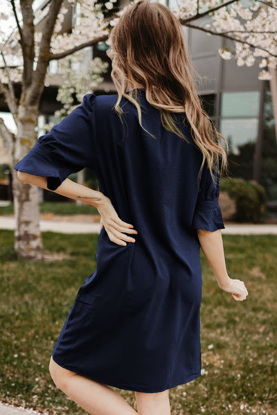 Blue Ruffled Sleeve Shift Dress-Dresses-MomFashion