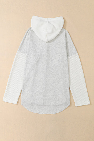 Gray Button Up Contrast Knitted Sleeves Hooded Jacket-Outerwear-MomFashion