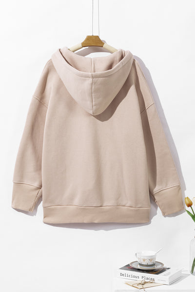 Beige Solid Color Pocketed Button Up Loose Hoodie-Tops-MomFashion