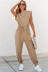 Light French Beige Cap Sleeve Open Back Drawstring Jogger Jumpsuit-Bottoms-MomFashion