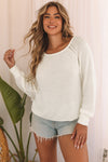 White Long Sleeve Cutout Shoulder Relaxed Sweater-Tops-MomFashion