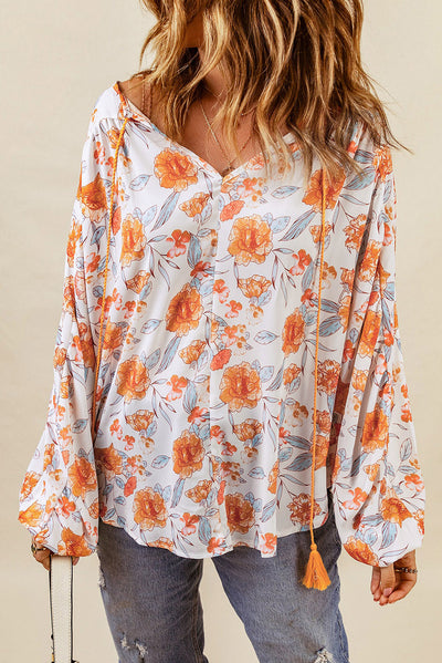 Orange Split V Neck Floral Print Dolman Blouse-Tops-MomFashion