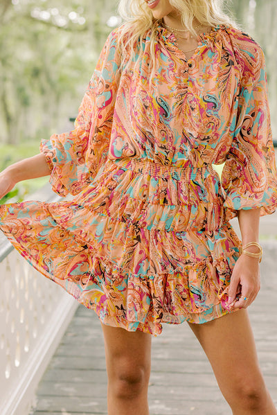 Multicolour Paisley Print Frilled Mini Dress-Dresses-MomFashion