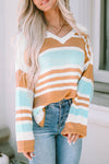 Multicolor Colorblock Stripe Long Sleeve Split Sweater-Tops-MomFashion