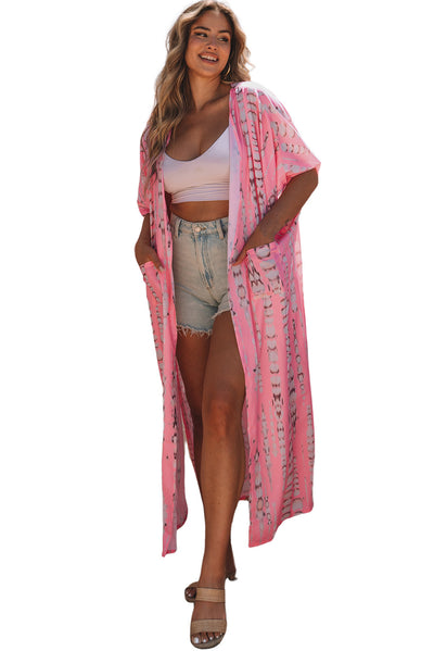 Pink Bohemian Tie Dye Oversize Long Kimono-Outerwear-MomFashion