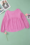 Pink Crinkle Bubble Sleeve Raw Hem Babydoll Blouse-Tops-MomFashion