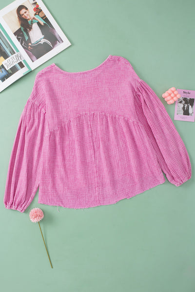 Pink Crinkle Bubble Sleeve Raw Hem Babydoll Blouse-Tops-MomFashion