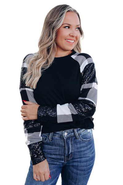 Black Sequin Plaid Patchwork Raglan Sleeve Top-Tops-MomFashion