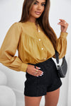 Yellow Puff Sleeve Pleated Loose Shirt-Tops-MomFashion