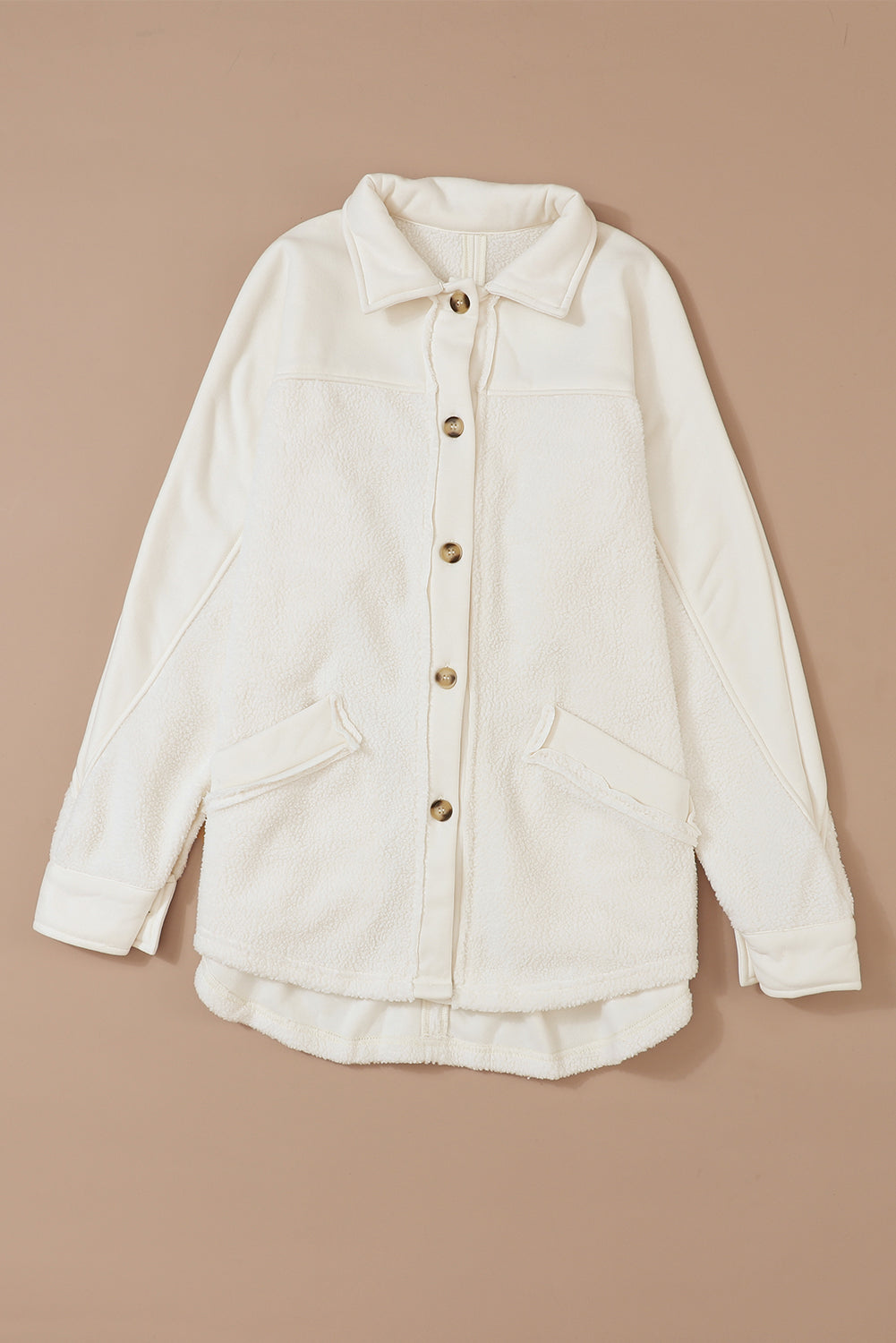 Beige Button-Up Stitching Pocket Raw Hem Shacket-Outerwear-MomFashion