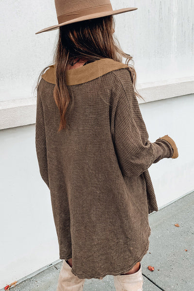 Brown Waffle Knit Buttoned Long Sleeve Top-Tops-MomFashion