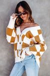 Brown Contrast Checkered Print Button Up Sweater Cardigan-Tops-MomFashion