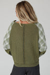 Green Plaid Patch Waffle Knit Exposed Seam Bubble Sleeve Top-Tops-MomFashion