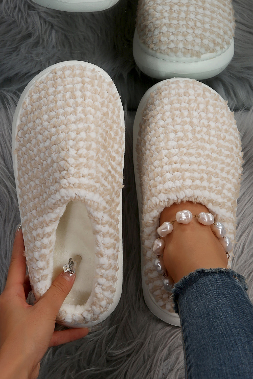 Pale Khaki Two-tone Knitted Warm Homewear Slippers-Shoes & Bags-MomFashion